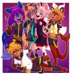 alternative_fashion anthro belt blue_eyes border clothed clothing cosplay female fur green_eyes group hair j-fashion looking_at_viewer mottled piebald teeth tongue tongue_out white_border young young_anthro sicmop vocaloid hatsune_miku jenny_(ajdurai) kagamine_len kagamine_rin lee_(ajdurai) megurine_luka sarah_(nb) selene_blackcat sierra_(pumapaws) teto_kasane calico_cat canid canine canis cougar domestic_cat felid feline felis mammal mustelid otter wolf 2019