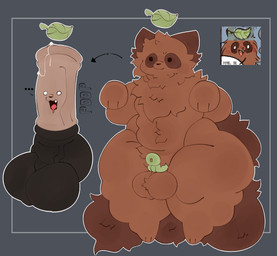 animal_genitalia animal_penis arrow_pointing_to_penis balls big_balls big_penis bodily_fluids brown_body brown_ears brown_eyes brown_fur brown_hair brown_tail chastity_cage chastity_device chest_tuft cock_transformation directional_arrow dot_eyes equine_genitalia equine_penis excessive_fluff fluffy fluffy_chest fluffy_ears fluffy_tail fur genital_fluids genitals green_chastity_cage green_chastity_device grey_background hair leaf leaf_hat leaf_on_head male onomatopoeia outline paws penis precum shapeshift silly_face simple_background simple_eyes solo sound_effects speech_bubble tail text transformation tuft white_outline viahonie fabulous_beasts maki_(fabulous_beasts) mammal procyonid raccoon absurd_res chinese_text english_text hi_res meme shaded simple_shading translated