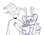 ambiguous_gender antlers armor blush duo flower heart_symbol horn magic_user male plant kaneres wizard101 dyvim_whitehart mammal mouse murid murine rodent blue_and_white monochrome