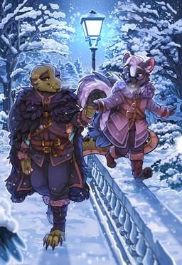 4_toes anthro barefoot belt black_pawpads bridge claws cloak clothing coat duo feet female forest forest_background hand_holding husband husband_and_wife interspecies jacket larger_female light lovers_moment male married married_couple nature nature_background palisade pawpads paws plant romantic romantic_couple scales size_difference smaller_male snow snowing snowing_outside soles street_lamp toe_claws toes topwear tree walking walking_together wife winter kidaoriginal legend_of_ahya ariana_'ari'_(darkflamewolf) steven_stinkman crocodile crocodilian hybrid mammal mephitid reptile scalie skunk tortoise turtle hi_res
