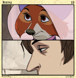 anthro border brown_hair cheek_tuft clothed clothed_anthro clothed_female clothing countershade_face countershade_fur countershading duo eyebrows eyelashes facial_tuft female female_anthro freckled_face freckles fur hair headdress inside iris light_body light_skin long_eyelashes looking_at_another male male_human narrowed_eyes on_model page_number pupils side_view silence snout stone_wall tear_trough text title translucent_headdress tuft wall_(structure) wimple sir_paulus disney robin_hood_(disney) maid_marian pavel_(sir_paulus) canid canine canis fox human mammal artist_name comic hi_res