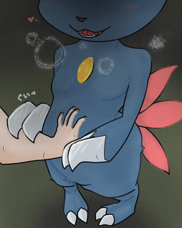anthro black_nose blue_body blue_fur bodily_fluids breath chest_gem claws disembodied_hand female front_view fur gem green_background grey_claws hand_on_belly open_mouth open_smile simple_background smile solo sweat sweatdrop canacrow nintendo pokemon generation_2_pokemon pokemon_(species) sneasel hi_res