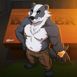 anthro barefoot belly biped black_nose bottomwear clothed clothed_anthro clothed_male clothing feet fur head_stripe high-angle_view looking_at_viewer looking_up looking_up_at_viewer male male_anthro moobs navel nipples pants plantigrade shirtless_male slightly_chubby smile solo standing three-quarter_view topless topless_male white_body white_fur nickdrawing beastly_crimes beastly_crimes_(2024) chief_badger badger mammal mustelid musteline 1:1 2026 hi_res