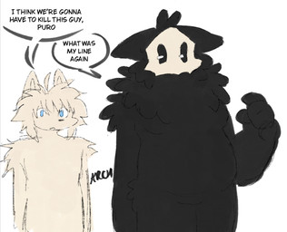 anthro dialogue duo larger_male male size_difference text archesphyre changed_(video_game) colin_(changed) puro_(changed) canid canine canis mammal skull_dog wolf english_text