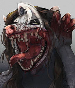 5_fingers anthro blood blood_in_mouth blood_on_hand bodily_fluids brown_hair clothing countershade_face countershade_fur countershading fangs female finger_in_mouth fingers fish_hooking fur grey_body grey_fur hair highlights_(coloring) long_hair looking_at_viewer mouth_shot multicolored_hair open_mouth presenting_mouth saliva saliva_on_tongue saliva_string sharp_teeth simple_background solo teeth topwear whiskers white_body white_fur white_highlights unichromacorn american_opossum mammal marsupial virginia_opossum 2024 hi_res watermark