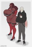 anthro areola areola_slip big_breasts biped black_clothing bottomwear breasts brown_body brown_hair cellphone clothed clothing duo electronics female footwear fur grey_clothing hair hand_on_hip high_heels holding_cellphone holding_object holding_phone huge_breasts male panties pants phone red_clothing shadow shoes simple_background standing text thick_thighs three-quarter_view underwear white_background white_body casloafy canid canine canis domestic_dog lagomorph leporid mammal rabbit absurd_res hi_res