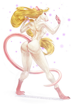 anthro anus blonde_hair breasts butt dancing female fur genitals hair long_hair looking_at_viewer looking_back nipples nude nude_anthro nude_female rat_ears rat_tail rear_view red_eyes simple_background smile solo tail vulva white_body white_fur proann shannon_(bahumot) mammal murid murine rat rodent digital_media_(artwork) hi_res