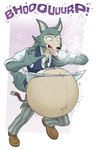 anthro belly big_belly bloated bottomwear burping clothing fur male navel necktie obese obese_anthro obese_male overweight overweight_anthro overweight_male pants solo topwear vest white_body eggo21 beastars legoshi_(beastars) canid canine canis mammal wolf absurd_res hi_res