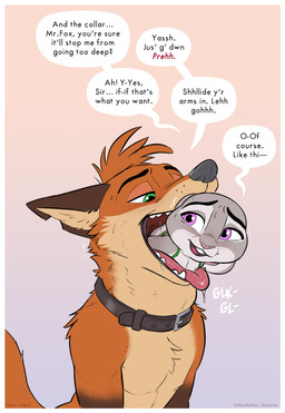 anthro blush border brown_body brown_fur clothed clothing collar cuckold dialogue duo eyebrows female female_prey fingers fur green_eyes grey_body grey_fur male male/female male_pred multicolored_body multicolored_fur orange_body orange_fur purple_eyes soft_vore tan_body tan_fur teeth text tongue vore white_border amadose disney zootopia judy_hopps rabbitseason_(amadose) canid canine fox lagomorph leporid mammal rabbit red_fox true_fox absurd_res artist_name english_text hi_res