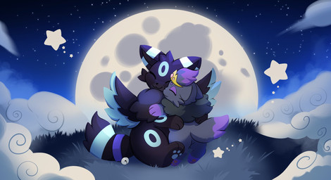ambiguous_gender bell bell_collar black_body black_fur collar cosmic_background crown detailed_background duo exterior eyes_closed feral fluffy fluffy_tail fur grey_body grey_fur happy headgear hug moon multicolored_body multicolored_fur night paws quadruped short_tail star starry_background tail tiara two_tone_body two_tone_fur wings apolozorua nintendo pokemon eeveelution generation_2_pokemon generation_5_pokemon pokemon_(species) shiny_pokemon umbreon zorua hi_res widescreen