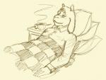 anthro bedding blanket container cup horn long_ears nighttable pillow simple_background solo steam tea_cup rawrrarr undertale undertale_(series) toriel boss_monster_(undertale) bovid caprine mammal