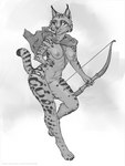 anthro bow_(weapon) breasts female fur genitals markings nipples pussy ranged_weapon solo spots spotted_body spotted_fur weapon levelviolet felid feline lynx mammal 3:4 monochrome