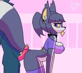 anthro anthro_on_anthro bent_over black_collar black_nose blue_eyes bodily_fluids bottomless bottomless_anthro bottomless_female breasts butt censored_eyes chest_tuft cleavage cleavage_overflow clothed clothing collar condom condom_in_mouth countershade_arms countershade_face countershade_legs countershade_thighs countershade_torso countershading duo ear_piercing ear_ring eyelashes female female_anthro fur genital_fluids genitals glans glistening glistening_breasts glistening_genitalia glistening_glans glistening_penis grey_body grey_ears grey_fur grey_hair hair hot_dogging humanoid_genitalia humanoid_penis inner_ear_fluff legwear looking_at_another looking_back looking_back_at_another male male/female male_anthro mouth_hold nipple_outline nude_anthro nude_male object_in_mouth penis piercing ponytail precum red_glans red_penis ring_piercing scribble_censorship sex sexual_barrier_device side_view standing teasing teasing_with_butt thigh_highs topwear tuft white_body white_countershading white_inner_ear_fluff yellow_inner_ear yellow_sclera horizon-fucker canid canine canis mammal wolf 2023 2d_animation aliasing animated digital_media_(artwork) frame_by_frame loop shaded
