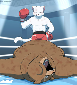 abs anthro bodily_fluids boxing_gloves boxing_shorts bruised clothing defeated duo eyes_closed fighting_ring fist handwear lights male male/male raised_fist raised_hand tears tongue tongue_out unconscious hisashino bear brown_bear canid canine canis domestic_dog mammal ursine absurd_res alternate_version_at_source hi_res