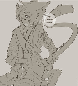 4_fingers anthro arm_markings blush blush_lines bodily_fluids bottomwear bottomwear_down breath claws clothed clothed_anthro clothed_male clothing collared_shirt dialogue duo erection eyebrows eyes_closed eyewear finger_claws fingers foreskin fur genital_fluids genitals glasses head_tuft hot_dogging hug humanoid_genitalia humanoid_penis leg_markings lowered_pants male male/male male_anthro markings open_clothing open_mouth open_shirt open_topwear panting pants pants_down partially_clothed penis precum precum_string sex shirt speech_bubble striped_arms striped_body striped_fur striped_legs striped_markings striped_tail stripes tail tail_markings text topwear tuft twitter_handle wearing_glasses nerunaur lackadaisy mordecai_heller rocky_rickaby domestic_cat felid feline felis mammal 2025 digital_drawing_(artwork) digital_media_(artwork) english_text greyscale hi_res monochrome signature
