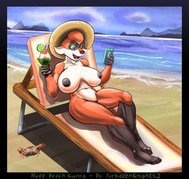 ambiguous_gender anthro areola barefoot beach belly beverage big_breasts biped black_areola black_body black_fur black_nipples black_nose breasts breasts_apart brown_body brown_fur casual_nudity cellphone chair clothing cloud dark_areola dark_nipples electronics eyewear fangs feet female food fruit fur furniture glass glasses gloves_(marking) hat hat_only headgear headgear_only headwear headwear_only holding_cellphone holding_object holding_phone huge_breasts laid_back leg_markings lime looking_at_viewer lounge_chair lying markings mostly_nude mountain navel nipples nude nude_beach on_back one_eye_closed open_mouth open_smile orange_body orange_fur paws phone plant relaxing sand sea seaside smile socks_(marking) solo straw_hat summer sunglasses sunny teeth tongue warm water white_belly white_body white_fur wide_hips wink forbiddenknights2 kianna_crossdale ambient_arthropod ambient_crab ambient_crustacean ambient_sealife canid canine fox mammal colored hi_res shaded
