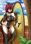 abs anthro beach big_breasts bikini breasts clothing female looking_at_viewer muscular muscular_anthro muscular_female solo surfboard swimwear thick_thighs two-piece_swimsuit under_boob wide_hips myos_(artist) tamara_(myos) domestic_cat felid feline felis mammal absurd_res hi_res