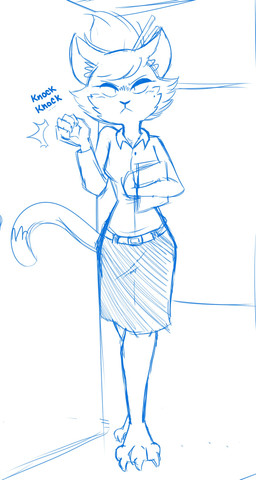 3_claws 3_toes 5_claws 5_fingers :< anthro barefoot belt biped bottomwear breasts button_(fastener) cat_tail cheek_tuft chest_tuft claws clothed clothed_anthro clothed_female clothing collared_shirt countershade_face countershading dipstick_tail dress_shirt emanata eyebrows eyelashes facial_tuft feet female finger_claws fingers flash_emanata fur hair holding_object inner_ear_fluff knocking looking_at_viewer markings medium_breasts mole_under_eye onomatopoeia pencil_skirt pointy_ears prick_ears shirt skirt solo sound_effects standing stern tail tail_markings text toe_claws toes topwear tuft kabula_(artist) domestic_cat felid feline felis mammal 2018 absurd_res blue_and_white digital_drawing_(artwork) digital_media_(artwork) full-length_portrait hi_res monochrome portrait sketch