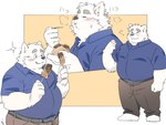 anthro belly big_belly blush bottomwear clothing eating eyes_closed food kemono male overweight overweight_male pants shirt simple_background solo topwear inunoshippo canid canine canis domestic_dog mammal 2024 4:3 hi_res