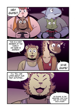anthro backwards_baseball_cap backwards_hat baseball_cap brown_body brown_fur brown_hair clothing controller dialogue eyes_closed floppy_ears fur furniture gaming green_body green_fur greeting grey_body grey_clothing grey_shirt grey_topwear group hair hand_on_shoulder happy hat headgear headwear holding_controller holding_object long_ears long_neck male mitten_hands nervous on_sofa orange_clothing orange_shirt orange_topwear playing_video_game presenting_another red_clothing red_hat red_headwear red_shirt red_topwear round_ears shirt sitting sitting_on_sofa smile sofa tank_top text three_frame_image topwear white_clothing white_shirt white_topwear yellow_body t0l0k andrew_(t0l0k) isaac_(t0l0k) octavio_(t0l0k) roy_(t0l0k) scott_(t0l0k) ted_(t0l0k) aquatic canid canine canis domestic_cat domestic_dog domestic_pig felid feline felis fish giraffe giraffid lion mammal pantherine shark suid suine sus_(pig) comic english_text hi_res multiple_scenes