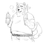 anthro belly belt blush clothing dessert eyebrows food ice_cream ice_cream_cone kerchief male navel overweight overweight_male shirt solo t-shirt thick_eyebrows tongue tongue_out topwear touuuda lifewonders live_a_hero mokdai canid canine canis domestic_dog mammal hi_res monochrome sketch