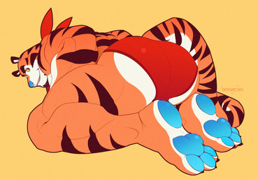 anthro ass_up biceps black_body black_fur blue_eyes blue_nose blue_pawpads butt clothed clothing deltoids fur kerchief looking_at_viewer looking_back looking_back_at_viewer male mascot muscular muscular_anthro muscular_male neckerchief neckwear orange_body orange_fur pawpads presenting presenting_hindquarters red_clothing red_kerchief red_neckerchief red_underwear simple_background solo striped_body striped_fur stripes tail underwear white_body white_fur yellow_background yellow_sclera demure303 do_you_find_men_with_big_butts_attractive frosted_flakes kellogg's tony_the_tiger felid mammal pantherine tiger 2026 absurd_res digital_media_(artwork) film_grain hi_res