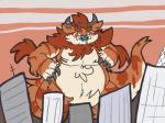 anthro belly big_belly building fluffy fur horn macro male orange_body orange_fur skyscraper solo standing thick_thighs odendo tropos_(character) kaiju 4:3