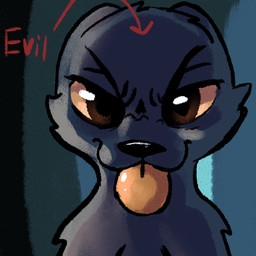 ambiguous_gender anthro black_eyebrows black_nose blep brown_eyes cheek_tuft closed_smile directional_arrow eyebrows facial_tuft fur grey_body grey_fur mouth_closed red_text simple_background smile solo tan_sclera text tongue tongue_out tuft wickflix casualties:_unknown canid expie_(gunsawian) gunsawian hybrid mammal 1:1 2025 english_text