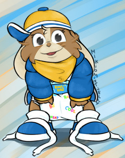 anthro brown_body brown_fur clothing diaper female front_view fur gesture hand_gesture hat headgear headwear jacket kerchief leaning leaning_forward neckerchief neckwear open_mouth open_smile pointing pointing_at_self shoelaces shoelaces_untied smile smiling_at_viewer solo text text_on_diaper topwear mikiomintjelly how_to_be_cool peeb_(piemations) lagomorph leporid mammal rabbit artist_name english_text full-length_portrait hi_res portrait