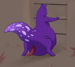 anthro bodily_fluids eyes_closed genital_fluids male male/male precum purple_body purple_skin simple_background spots vore white_spots klyopa rain_world videocult spearmaster_(rain_world) slugcat hi_res