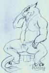 anthro barefoot body_hair bulge claws clothed clothing eyewear feet fur glasses hand_on_head happy_trail hi_res male mouth_closed musclegut muscular muscular_anthro muscular_male paws rectangular_glasses ruby-kila sergal signature sitting slightly_chubby snout solo sweatpants tail tail_tuft topless tuft watermark