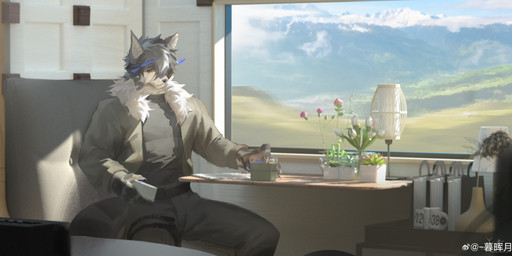 anthro black_nose bottomwear clothed clothing day fur furniture grey_body grey_bottomwear grey_clothing grey_fur grey_hair grey_pants grey_topwear hair inside lamp male male_anthro mouth_closed pants plant plant_pot potted_plant red_eyes short_hair sitting solo table topwear white_body white_fur window awaldkize canid canine mammal 2025 absurd_res dated detailed hi_res signature