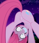 anus bodily_fluids butt crazy_eyes female feral genital_fluids grin looking_at_viewer media_accurate night on_model smile solo upside_down vaginal_fluids earth_pony_colds friendship_is_magic hasbro my_little_pony pinkamena_(mlp) pinkie_pie_(mlp) hi_res