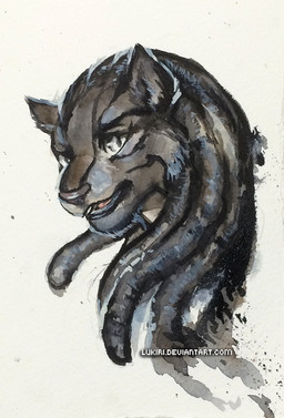 ambiguous_gender anthro dreadlocks grey_eyes looking_at_viewer open_mouth simple_background smile snout solo teeth tongue white_background reilukah felid mammal 2016 mixed_media signature traditional_media_(artwork)