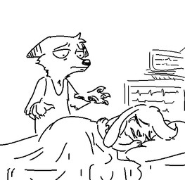 1-bit anthro bed bodily_fluids clothed clothing crying duo female furniture head_tuft inside male on_bed pawpads shirt simple_background tank_top tears topwear tuft under_covers white_background nobby_(artist) disney loss zootopia bunanon_(trash_character) fan_character red_(trash_character) canid canine fox mammal aliasing binary_drawing black_and_white digital_drawing_(artwork) digital_media_(artwork) meme monochrome