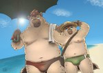 anthro beach belly brown_body bulge clothing duo hat headgear headwear humanoid_hands male moobs navel nipples outside overweight overweight_male parasol seaside straw_hat swimwear water young shinoda_hamazaki hyena mammal 2021 hi_res