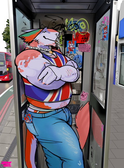 anthro belly_peek body_hair bottomwear bus chain_necklace chest_hair clothing colored_nails commercial_vehicle crossed_arms denim denim_bottomwear denim_clothing detailed_background ear_piercing facial_piercing graffiti happy_trail jeans jewelry jockstrap looking_at_viewer male musclegut muscular muscular_arms muscular_male nails necklace nose_piercing outside pants phone_booth piercing septum_piercing shirt smile solo suggestive_clothing tail tail_tuft tank_top topwear tuft underwear union_jack vehicle aviesergal domestic_pig mammal sergal suid suine sus_(pig) hi_res