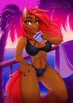 5_fingers anthro breasts clothed clothing detailed_background eyebrows eyelashes female fingers hair midriff navel night outside red_eyes red_hair sky smile solo star starry_sky ei-ka equid equine horse mammal 2022 digital_media_(artwork) hi_res