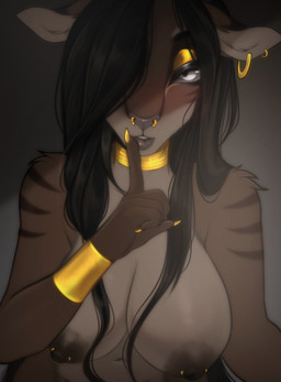 5_fingers anthro areola barbell_piercing biped black_hair bracelet breasts brown_body brown_fur choker countershade_fur countershade_torso countershading ear_piercing ear_ring eyeshadow female fingers front_view fur gold_(metal) gold_jewelry hair inner_ear_fluff jewelry looking_at_viewer makeup navel necklace nipple_barbell nipple_piercing nipples nude nude_anthro nude_female piercing ring_piercing shush simple_background solo tuft white_eyes yellow_eyeshadow veliren_rey zefirina_(veliren_rey) antelope bovid gazelle mammal 2025 digital_drawing_(artwork) digital_media_(artwork) hi_res