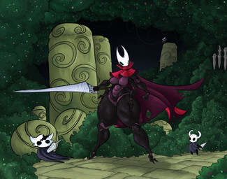 black_body breasts cloak clothing featureless_breasts feet female group male mask melee_weapon multi_arm multi_limb size_difference sword thick_thighs trio weapon the_demon_women hollow_knight_(franchise) team_cherry hornet_(hollow_knight) the_knight_(hollow_knight) arthropod humanoid vessel_(species) hi_res