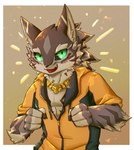 4_fingers anthro black_sclera clothing ear_piercing fingers fur gold_(metal) gold_jewelry green_eyes jacket jewelry looking_at_viewer male necklace open_mouth piercing smile solo topwear bokuhabokudayot lifewonders tokyo_afterschool_summoners seth_(tas) canid canine canis jackal mammal 2023 hi_res