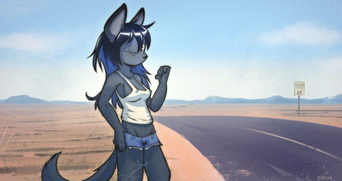 1_eye adolescent anthro black_hair bottomwear breasts clothing denim denim_clothing desert female fur gesture grey_body grey_eyes grey_fur hair hand_gesture heart_symbol hitchhiking long_hair looking_at_viewer midriff nipple_outline one_eye_closed road scar shirt shorts side_boob sky solo tank_top thumbs_up topwear v-cut wink young ratcha vixenchan canid canine fox mammal 2017 digital_media_(artwork) shaded