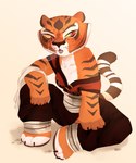 anthro bandage blush blush_lines bodily_fluids bottomwear breasts brown_body brown_bottomwear brown_clothing brown_fur brown_nose brown_pants brown_stripes clothing female front_view fur markings open_mouth orange_body orange_fur pants pupils red_clothing red_eyes red_topwear simple_background sitting slit_pupils solo striped_markings striped_tail stripes sweat sweatdrop tail tail_markings tan_background topwear whiskers white_body white_fur yellow_sclera snotty_(artist) dreamworks kung_fu_panda master_tigress felid mammal pantherine tiger 5:6 absurd_res hi_res