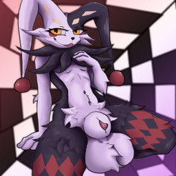 abstract_background animal_genitalia anthro balls big_balls fur fur_markings genitals kneeling looking_at_viewer male markings penis penis_tip pose seductive sheath solo thick_sheath kalasm94 palworld pocketpair dupin_(pal) pal_(species) absurd_res hi_res