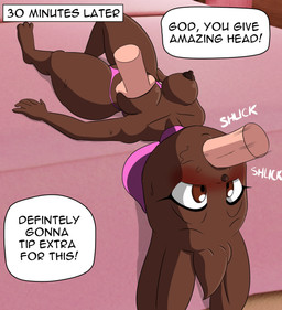 anthro anthro_penetrated bed big_breasts biped blush blush_lines bodily_fluids bow_ribbon breast_grab breasts brown_body brown_eyes candy chocolate clothing corset crotchless_clothing crotchless_panties crotchless_underwear dessert dialogue disembodied_hand disembodied_penis eyelashes fellatio female female_penetrated food furniture genitals hand_on_breast head_tuft huge_hips human_on_anthro human_penetrating human_penetrating_anthro interspecies lingerie lying lying_on_bed male male/female male_penetrating male_penetrating_female neck_bow on_back on_bed oral oral_penetration panties penetration penile penis penis_in_mouth prostitution saliva_on_face sex submissive submissive_female sweat sword_swallowing_position thick_thighs topwear tuft underwear wide_hips tansau food_creature human lagomorph leporid living_candy living_chocolate mammal rabbit 2021 hi_res