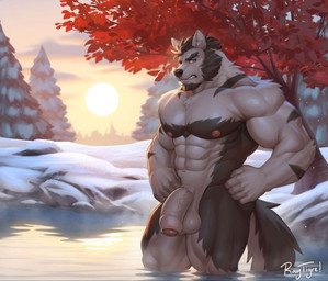 anthro balls biceps deltoids flaccid foreskin genitals lake male muscular muscular_male nipples nude pecs penis red_leaves snow solo sun vein veiny_penis raytig12 badger mammal mustelid musteline 2025 alternate_version_at_source digital_media_(artwork)