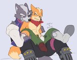 anthro balls_outline belt black_nose bodily_fluids boots bulge claws clothed clothing detailed_background detailed_bulge duo finger_claws footwear fur genital_outline green_eyes grey_body grey_fur grimace male male/male multicolored_body multicolored_fur on_lap open_belt orange_body orange_fur red_eyes shoes simple_background sitting_on_lap socks sweat sweatdrop topless topless_male two_tone_body two_tone_fur underwear mofu_guys nintendo star_fox fox_mccloud wolf_o'donnell canid canine canis fox mammal wolf