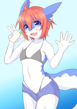 5_fingers ahoge anthro bikini black_bikini black_clothing black_swimwear blue_body blue_ears blue_eyes blue_pupils blue_tail blush bottomwear brown_eyebrows clothed clothing container cup drinking_straw eyebrows eyelashes female fingers flat_chested front_view fur gesture glistening glistening_body gradient_background hair hand_gesture holding_container holding_cup holding_object hotpants humanoid_hands iris looking_at_viewer multicolored_body navel open_mouth open_smile pink_tongue pupils purple_bottomwear purple_clothing purple_shorts red_hair shorts simple_background small_waist smile solo standing swimwear tail thin_eyebrows tongue two-piece_swimsuit two_tone_body two_tone_tail v_sign waving white_body white_tail an_chobi94 mythology dragon furred_dragon furred_scalie mythological_creature mythological_scalie scalie 2020 digital_media_(artwork) half-length_portrait hi_res portrait