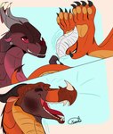 burn duo eyes_closed feathers feet female female/female feral horn laugh open_mouth pawpads paws tail teeth tickling tickling_feet kiumba_(artist) mythology wings_of_fire ruby_(wof) scarlet_(wof) dragon mythological_creature mythological_scalie scalie skywing_(wof) hi_res