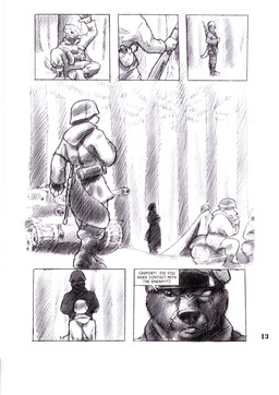 anthro armor armored_vehicle blind_eye dialogue eye_scar facial_scar forest gesture group gun headgear helmet log machine male military outside plant ranged_weapon rifle scar soldier tail tank_(vehicle) tent text tracked_vehicle tree turret vehicle warrior waving weapon wood gideon tiger_i bird_dog canid canine canis domestic_dog german_shepherd herding_dog hunting_dog labrador mammal pastoral_dog retriever black_and_white comic english_text hi_res monochrome